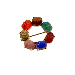 APPRAISED $500 - 14kt Yellow Gold Scarab Circle Pin with 7 Scarab (8x6mm) 