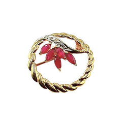 APPRAISED $1000 - 14kt Yellow Gold Circle Pin with 5 Marquise-Shaped Ruby (5x2.5mm) and 5 Single Cut Diamonds - T. - .02ct