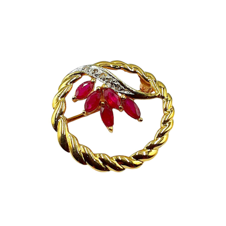 APPRAISED $1000 - 14kt Yellow Gold Circle Pin with 5 Marquise-Shaped Ruby (5x2.5mm) and 5 Single Cut Diamonds - T. - .02ct 