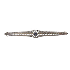APPRAISED $450 - 14kt White Gold Filigree Pin with 1 Round Imitation Sapphire 