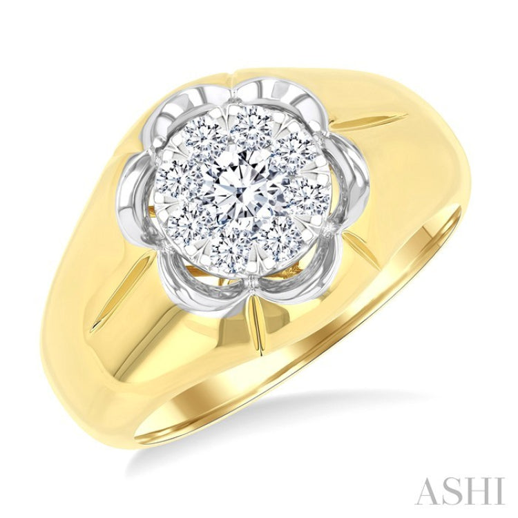 3/4 Ctw Floral Center Lovebright Round Cut Diamond Men's Ring in 10K Yellow and White Gold