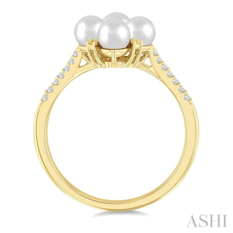 4 MM Floral Center Round Shape Cultured Pearl and 1/8 Ctw Round Cut Diamond Fashion Ring in 10K Yellow Gold