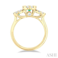3.8 MM & 3 MM Emerald and 5/8 Ctw Round Cut Diamond Precious Lovebright Past, Present and Future Ring in 14K Yellow Gold