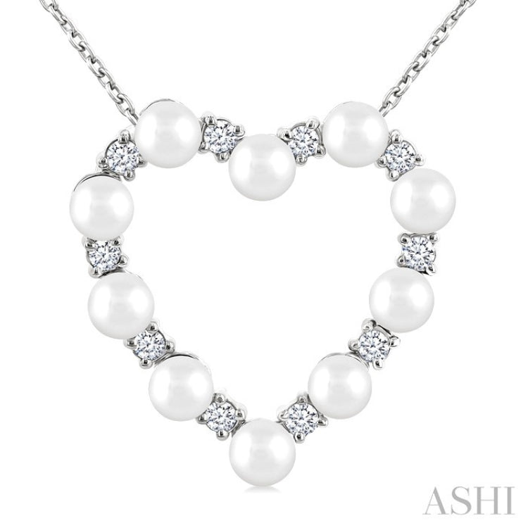 3 MM Round Shape Cultured Pearl and 1/5 Ctw Round Cut Diamond Heart Shape Pendant With Chain in 14K White Gold