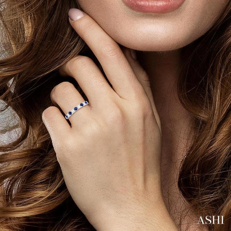 2.85 MM Sapphire and 1/2 Ctw Round Cut Diamond Precious Wedding Band in 14K White Gold
