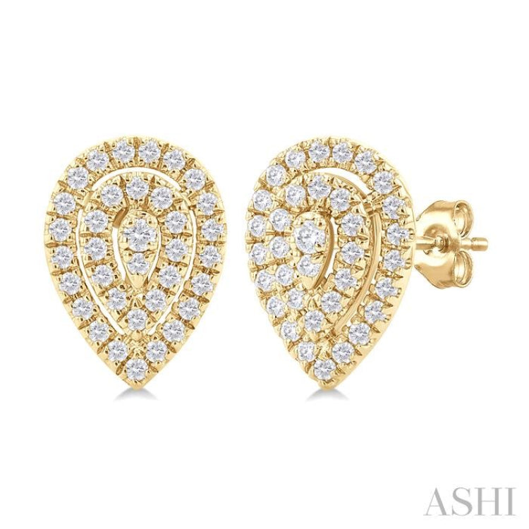 1/5 Ctw Double Halo Pear Shape Petite Round Cut Diamond Fashion Stud Earrings in 10K Yellow Gold