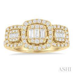 3/4 ctw Cushion Shape Past, Present & Future Fusion Baguette and Round Cut Diamond Engagement Ring in 14K Yellow Gold