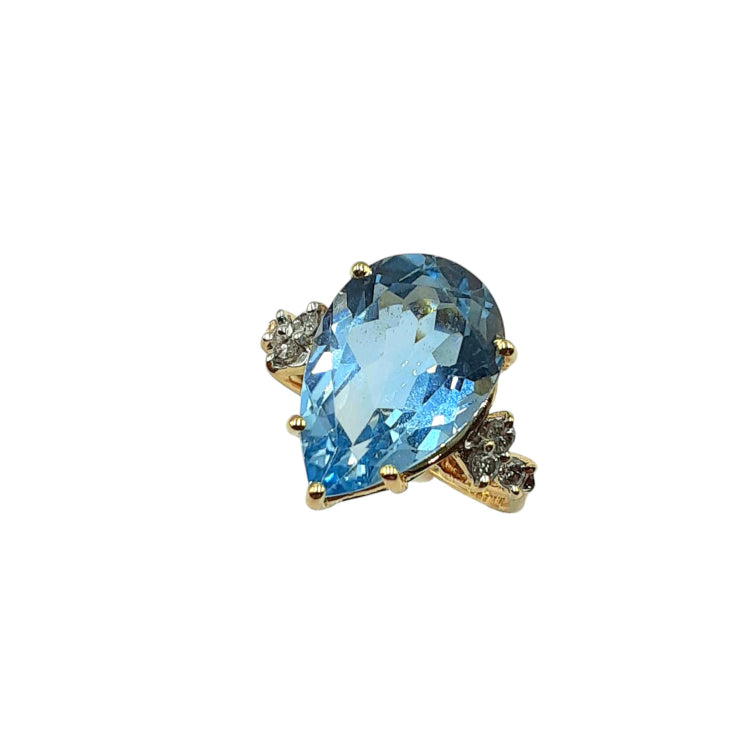 APPRAISED $700 - 14kt Yellow Gold Band with 6 Round Brilliant Diamonds - T. - .12ct and 1 Pear-Shaped Blue Topaz (15x10mm) 