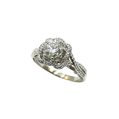 APPRAISED $12,350 - 14kt White Gold Band with 1 Round Brilliant Diamond Center - T. - 1.20ct in Verragio Setting and 14 Round Brilliant Diamonds - T. - .50ct in a Flora Halo Isignia Style