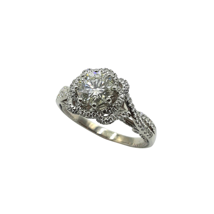APPRAISED $12,350 - 14kt White Gold Band with 1 Round Brilliant Diamond Center - T. - 1.20ct in Verragio Setting and 14 Round Brilliant Diamonds - T. - .50ct in a Flora Halo Isignia Style 