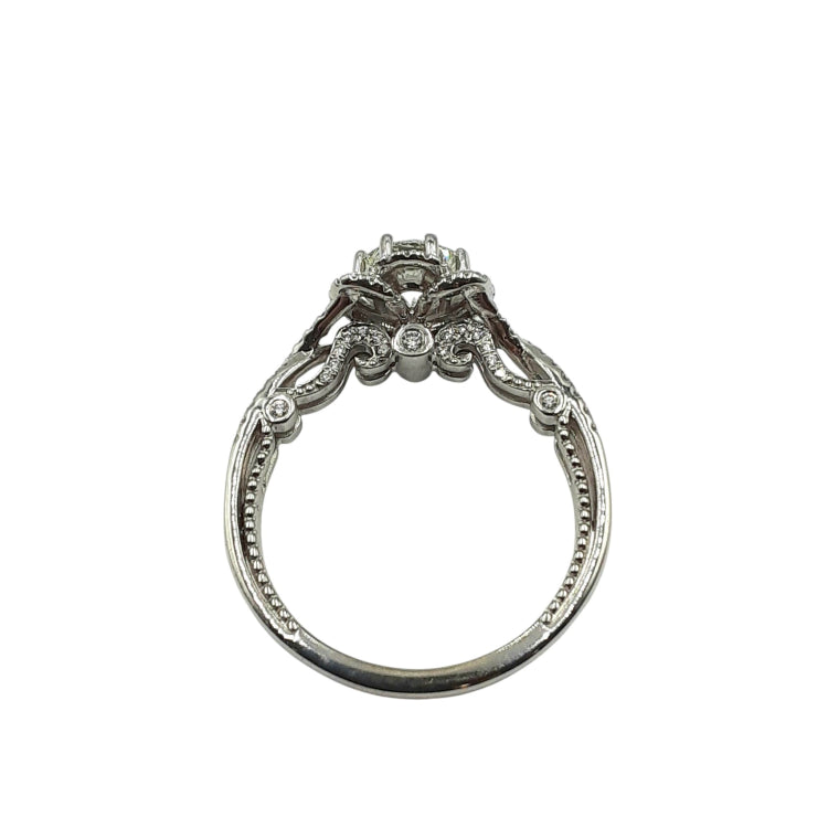 APPRAISED $12,350 - 14kt White Gold Band with 1 Round Brilliant Diamond Center - T. - 1.20ct in Verragio Setting and 14 Round Brilliant Diamonds - T. - .50ct in a Flora Halo Isignia Style 