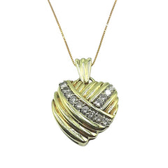 APPRAISED $1800- 14KT Ribbed Heart Pendant with Thirteen Round Brilliant Diamonds