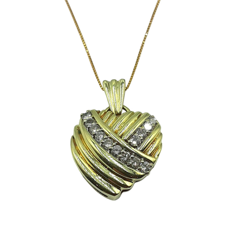 APPRAISED $1800- 14KT Ribbed Heart Pendant with Thirteen Round Brilliant Diamonds 