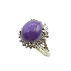 APPRAISED $1150 - 14kt White Gold Band with 1 Oval Purple Synthetic Sapphire (12x10) Surrounded by 20 Single Cut Diamonds - T. - .30ct