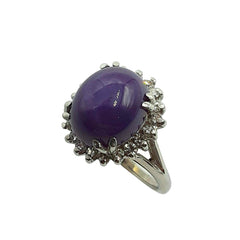 APPRAISED $1150 - 14kt White Gold Band with 1 Oval Purple Synthetic Sapphire (12x10) Surrounded by 20 Single Cut Diamonds - T. - .30ct 