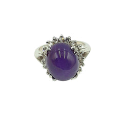 APPRAISED $1150 - 14kt White Gold Band with 1 Oval Purple Synthetic Sapphire (12x10) Surrounded by 20 Single Cut Diamonds - T. - .30ct 
