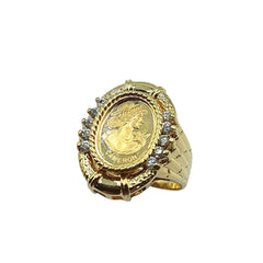 APPRAISED $1000 - 14kt Yellow Gold Band with 10 Round Cubic Zirconia (2mm) and Oval Coin Center 