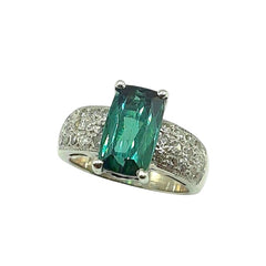 APPRAISED $3500 - Platinum Band with 1 Rectangular Cushion Cut Blue/Green Tourmaline and 30 Single Cut Diamonds - T. - .45ct in a Pave Set in 3 Rows