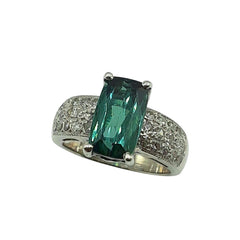 APPRAISED $3500 - Platinum Band with 1 Rectangular Cushion Cut Blue/Green Tourmaline and 30 Single Cut Diamonds - T. - .45ct in a Pave Set in 3 Rows 