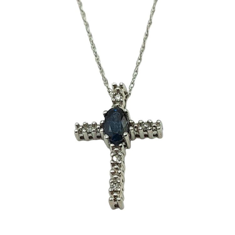 APPRAISED $375 - 10kt White Gold Band with 1 Oval Sapphire (5x3) and 5 Single Cut Diamonds - T. - .05ct 