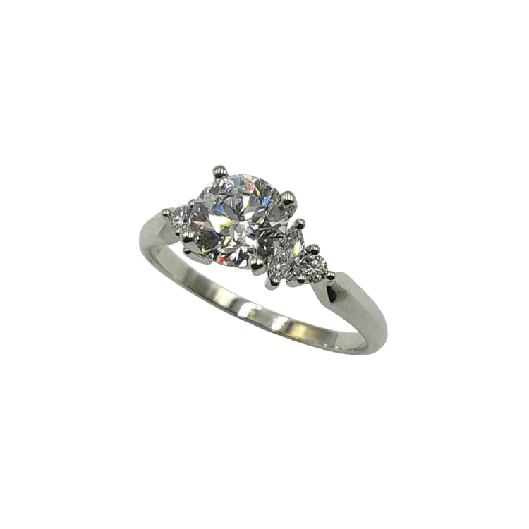 APPRAISED $6500 - 14kt White Gold Band with 1 Round Brilliant Diamond Center - T. - .90ct with 2 Marquise and 2 Round Brilliant Diamonds - T. -.20ct 