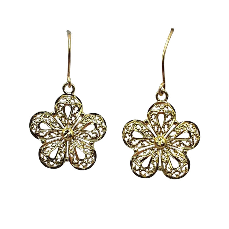 APPRAISED $200 - 14kt Yellow Gold Filigree Flower Dangle Earrings 