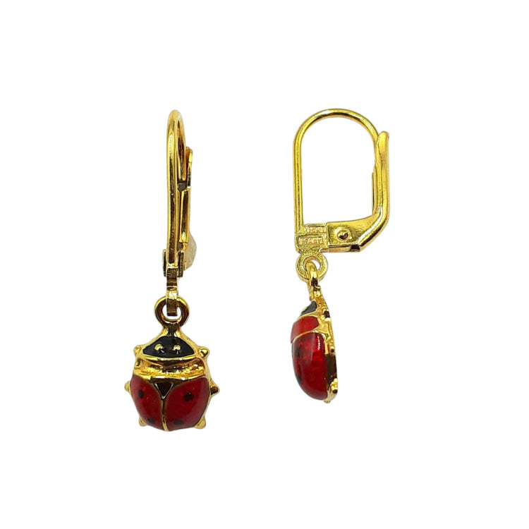 APPRAISED $300 - 14kt Yellow Gold Leverback Earrings with Enamel Ladybugs 