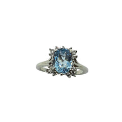 APPRAISED $2500 - 18kt White Gold Band with 12 Round Brilliant Diamonds - T. - .24ct and 1 Oval Aquamarine Center (9x7)
