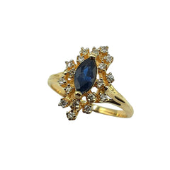 APPRAISED $1000 - 14kt Yellow Gold Band with 1 Marquise-Shaped Sapphire Center (7x3.5) Surrounded by 18 Round Brilliant Diamonds - T. - .18ct 
