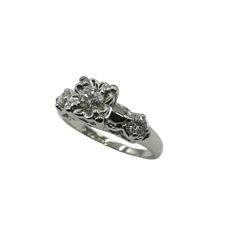 APPRAISED $1100 - 14kt White Gold Band with 1 Round Brilliant Diamond Center - EST. - .20ct and 2 Round Brilliant Diamonds on Sides - T. - .20ct 