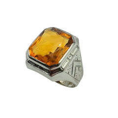 APPRAISED $500 - 10kt White Gold Band with 1 Rectangle-Shaped Imitation Citrine in a Bezel Set 