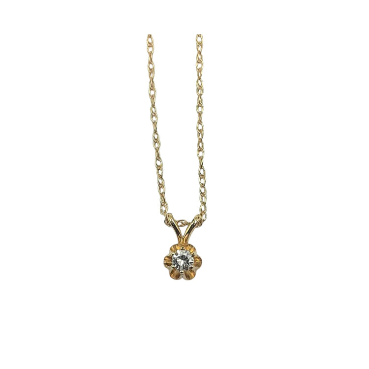 APPRAISED $325 - 14kt Yellow Round Brilliant Diamond Solitaire Tulip Pendant - T. - .09ct 