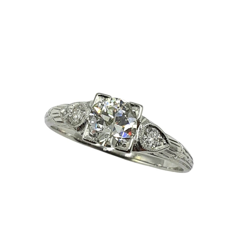 APPRAISED $1600 - 14kt White Gold .64ct Old European Center Diamond with 2 Round Brilliant Diamonds Tot .08ct  Total Diamond Weight .64ct