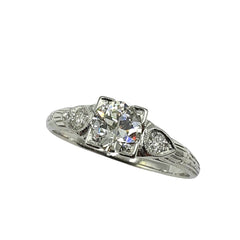 APPRAISED $1600 - 14kt White Gold .64ct Old European Center Diamond with 2 Round Brilliant Diamonds Tot .08ct  Total Diamond Weight .64ct