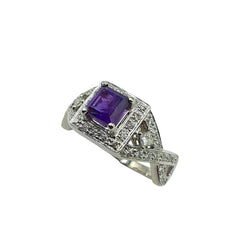 APPRAISED $1500 - 14kt White Gold Princess Cut Amethyst with 2 Square Diamond Accents and Round Brilliant Diamonds Set in a Halo and Infinity Style Sides Tot Dia Wt .40ct