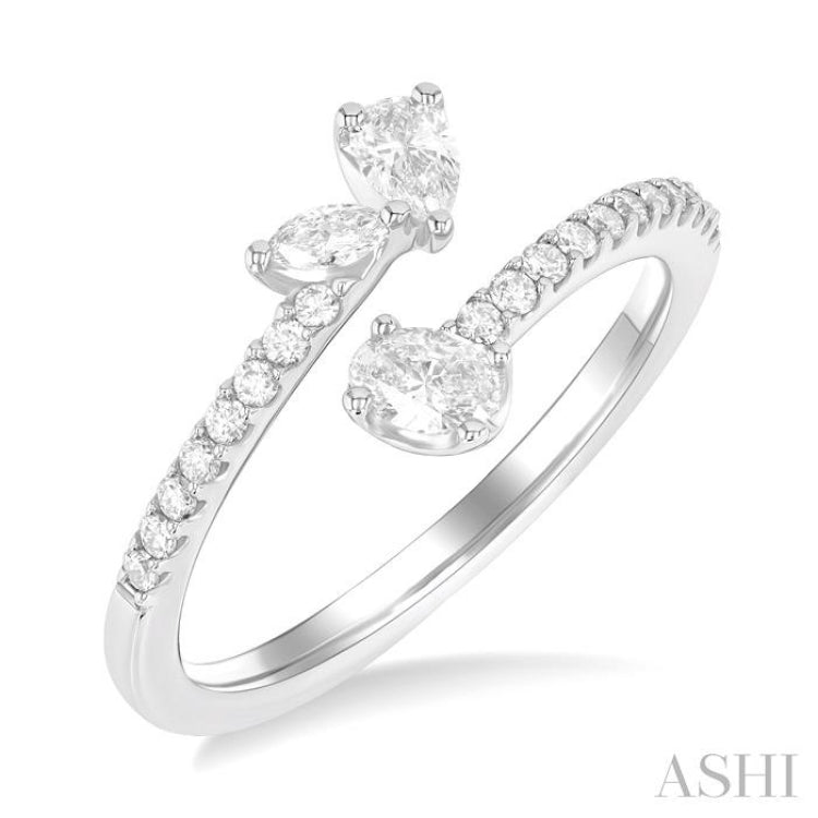 1/2 Ctw 3-Stone Mixed Diamond Cut Fashion Open Ring in 14K White Gold