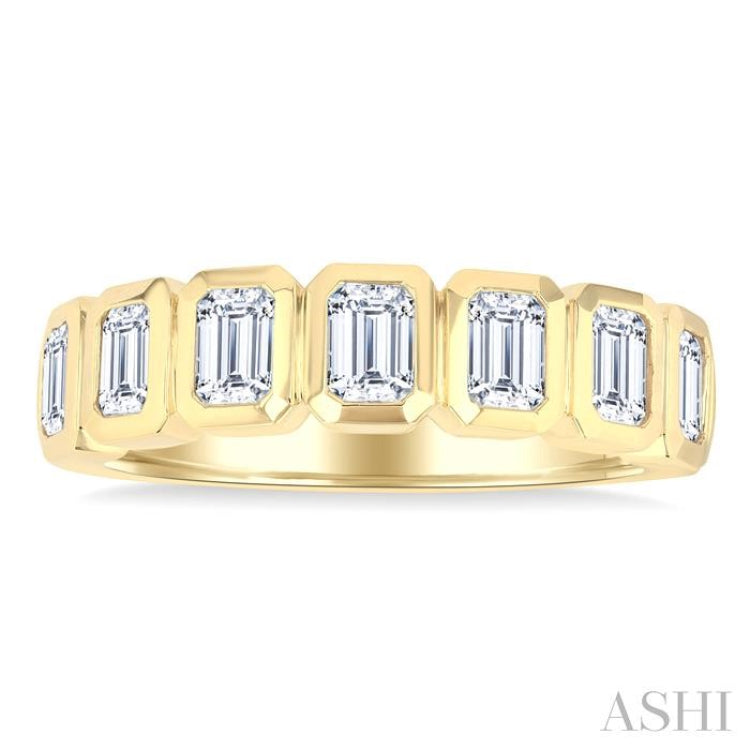 1 1/2 Ctw 7-Stone Bezel Set Emerald Cut Diamond Fashion Band in 14K Yellow Gold