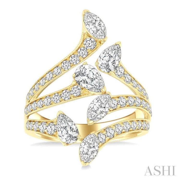2 1/4 Ctw Bypass Three-Way Split Marquise, Pear and Round Cut Diamond Fashion Open Ring in 14K Yellow Gold