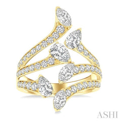 2 1/4 Ctw Bypass Three-Way Split Marquise, Pear and Round Cut Diamond Fashion Open Ring in 14K Yellow Gold