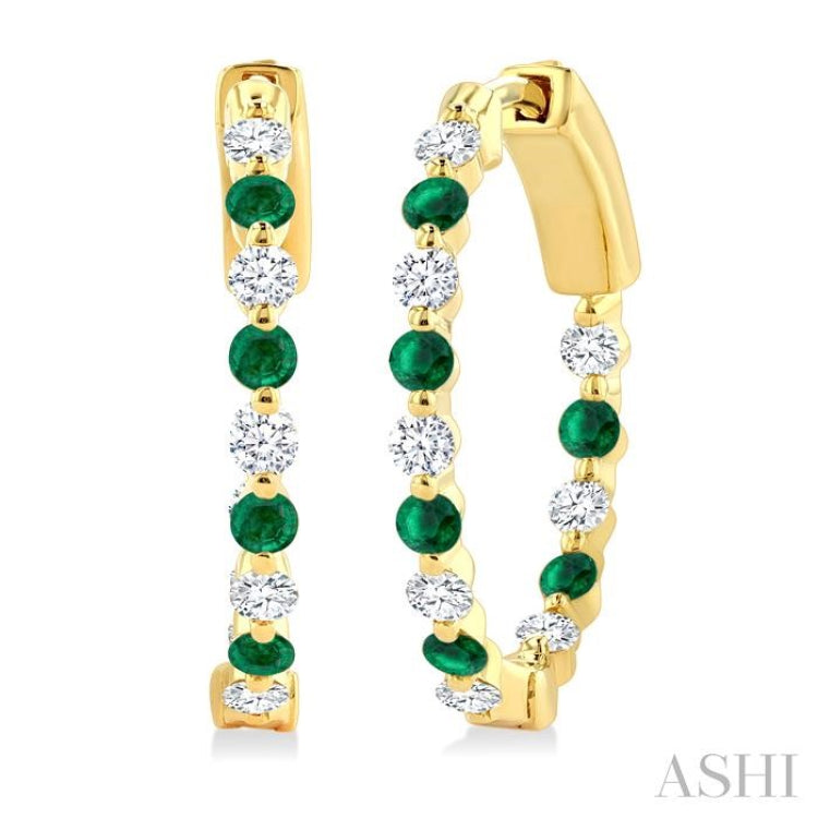 2 MM Round Cut Emerald and 1/2 Ctw Round Cut Diamond Precious Inside-Out Alternating Hoop Earrings in 14K Yellow Gold