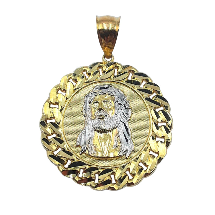 APPRAISED $950 - 10kt Two-Toned Gold Jesus Disc Pendant with Curb Link Design Edge 