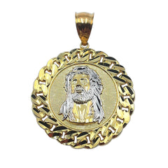 APPRAISED $950 - 10kt Two-Toned Gold Jesus Disc Pendant with Curb Link Design Edge 