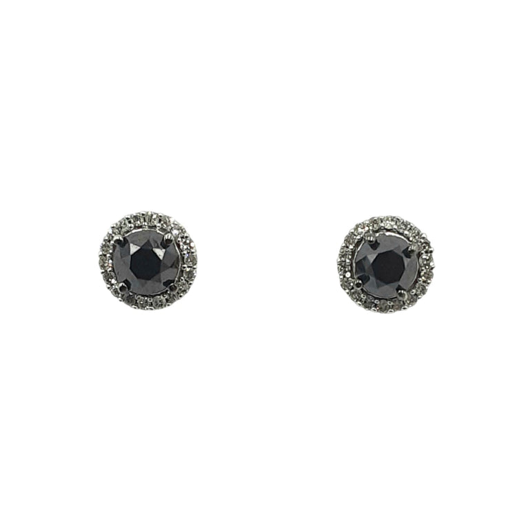 APPRAISED $1000 - 10kt White Gold Earrings with 2 Round Black Diamonds - T. - 1.16ct Surrounded by 36 Single Cut Diamonds - T. - .18ct 