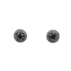 APPRAISED $1000 - 10kt White Gold Earrings with 2 Round Black Diamonds - T. - 1.16ct Surrounded by 36 Single Cut Diamonds - T. - .18ct 