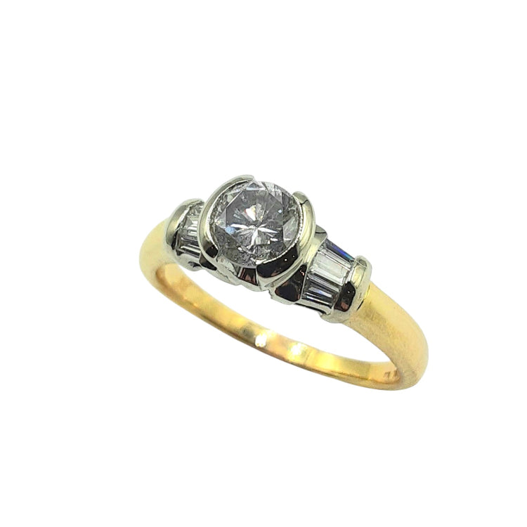 APPRAISED $2100 -  14kt Two-Toned Gold Engagement Ring with 1 Round Brilliant Diamond Center - EST. - .63ct and 6 Tapered Baguettes Diamonds on Sides - T. - .12ct 