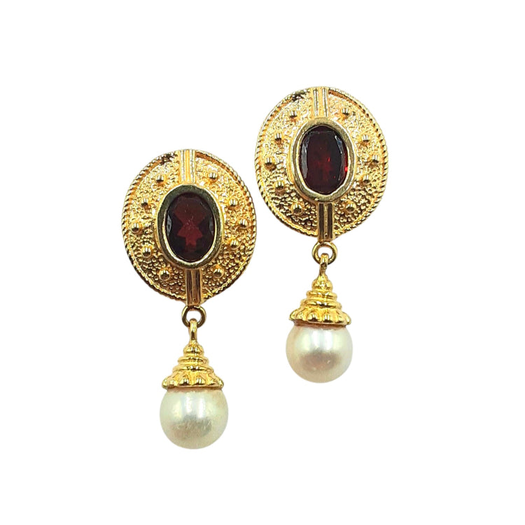 APPRAISED $700 - 14kt Yellow Gold Earrings with 2 Oval Garnet Bezel Set with 2 Cultured Pearls (7mm)