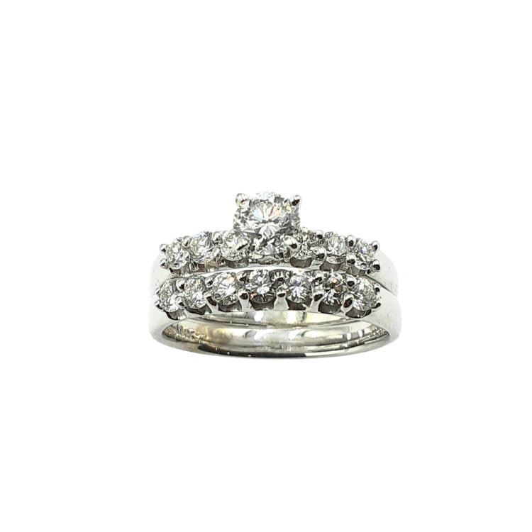 APPRAISED $2600 - 14kt White Gold Band with 1 Round Brilliant Diamond Center - EST. - .49ct and 6 Round Brilliant Diamond on Sides - T. - .36ct