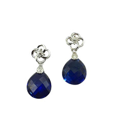 APPRAISED $250- 10Kt White Gold Earrings with 2 Briolette Synthetic Sapphires and 8 Single Cut Diamonds      -T-.04CT 