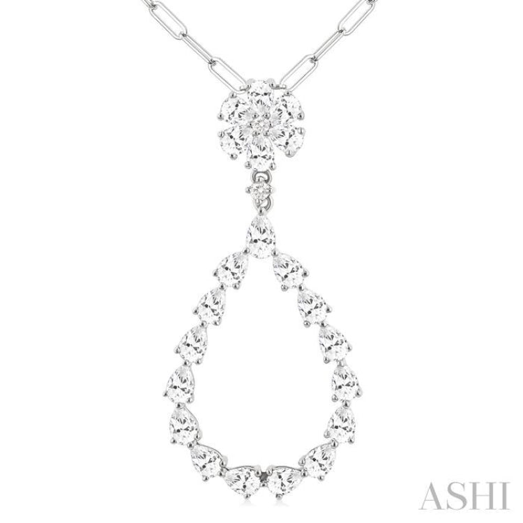 1 7/8 Ctw Floral Open Window Pear and Round Cut Diamond Dangle Fashion Pendant With Chain in 14K White Gold