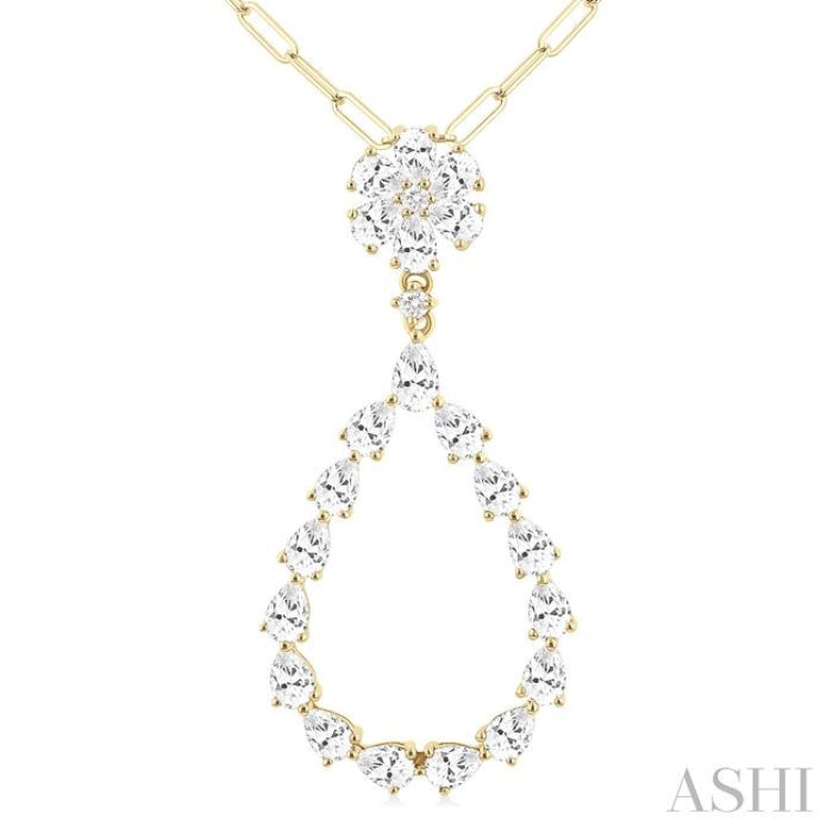 1 7/8 Ctw Floral Open Window Pear and Round Cut Diamond Dangle Fashion Pendant With Chain in 14K Yellow Gold